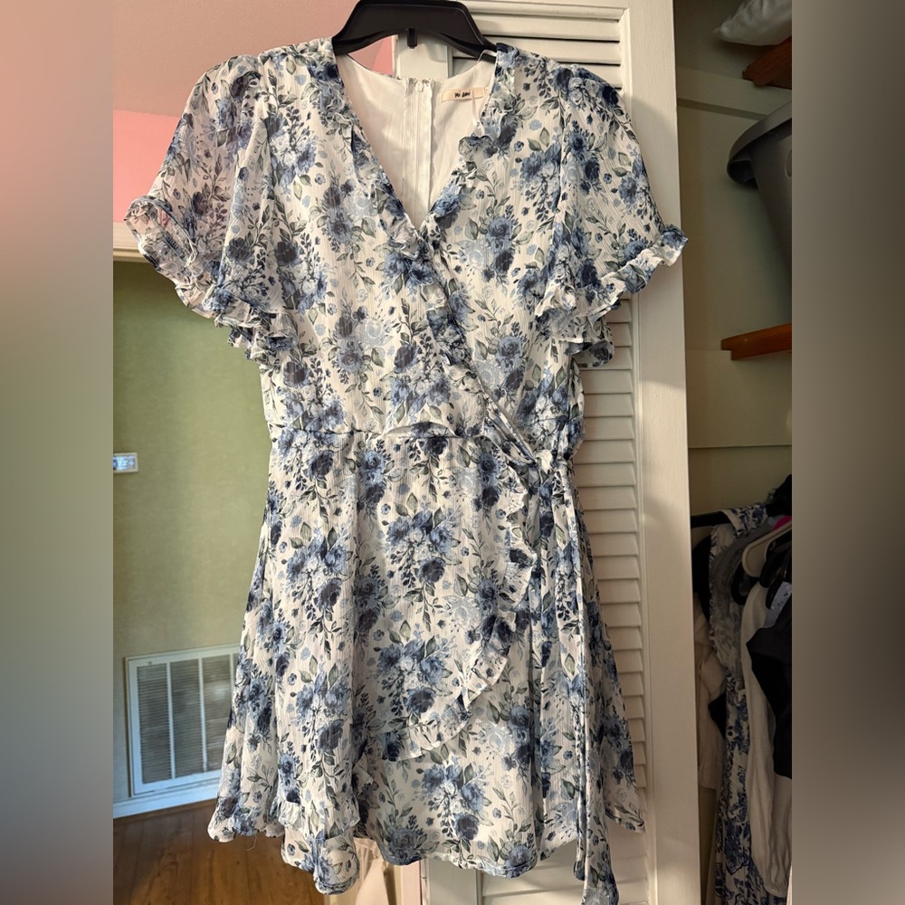 Miami Blue and White Ruffled Wrap Dress for Wedding Guests
